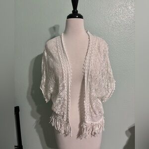 American Eagle White Crochet Fringe Cardigan Swim cover up medium
